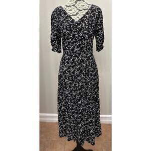 Old Navy‎ Womens Medium Floral Midi Dress Black White Short Sleeve Cottagecore